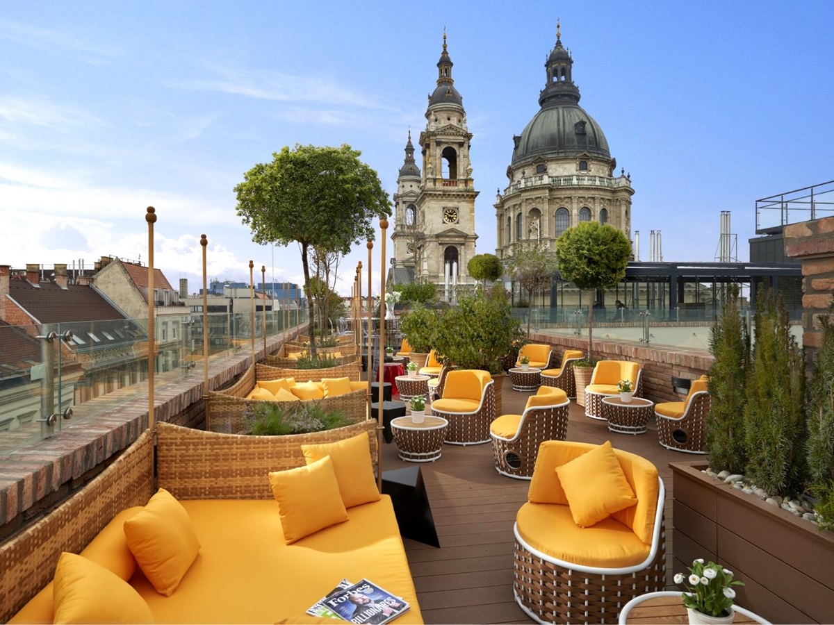 Terrace with view of St Stephens Basilica at Aria Budapest in Hungary