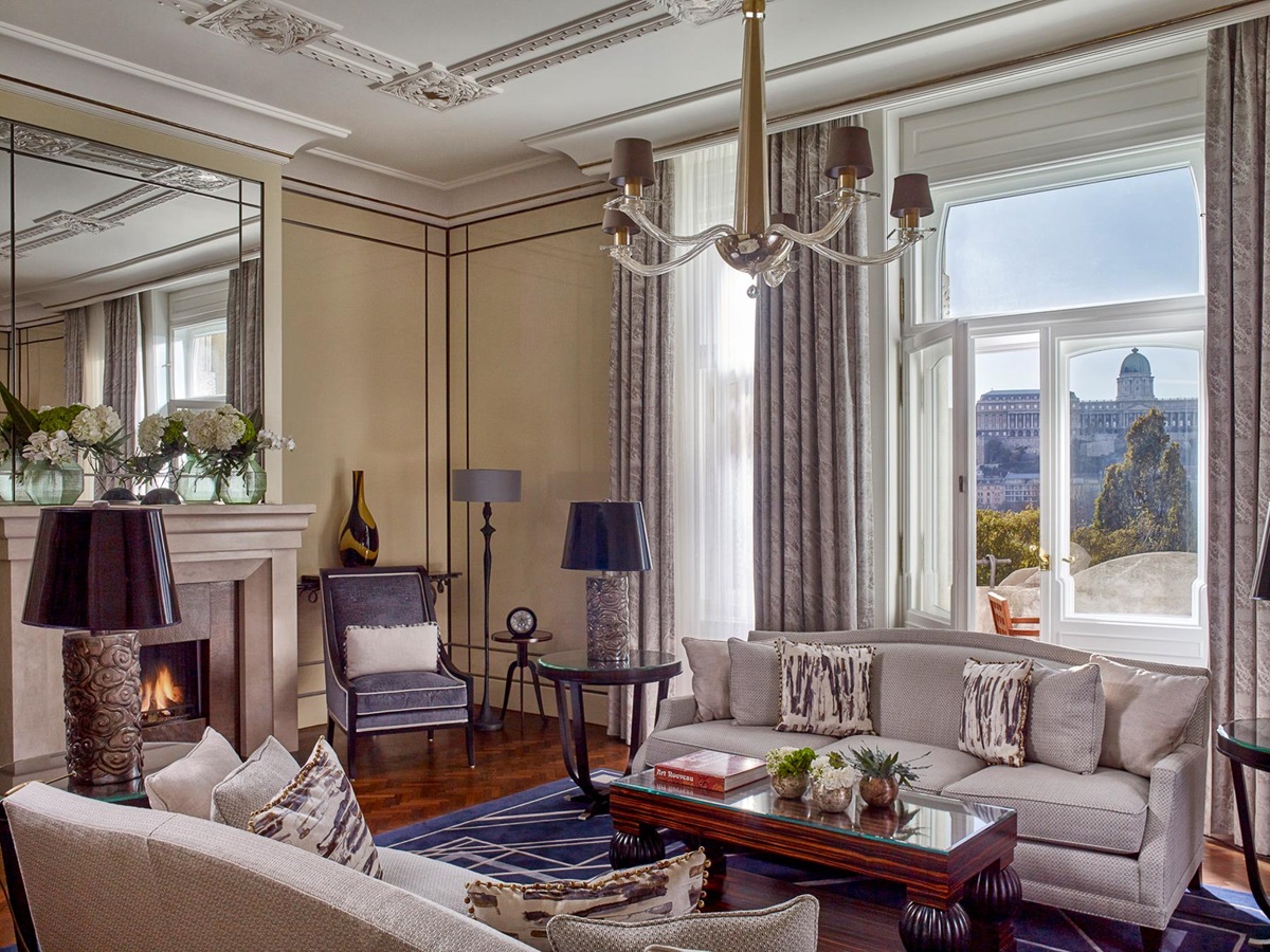 Living area with city views at Four Seasons Gresham Palace in Budapest