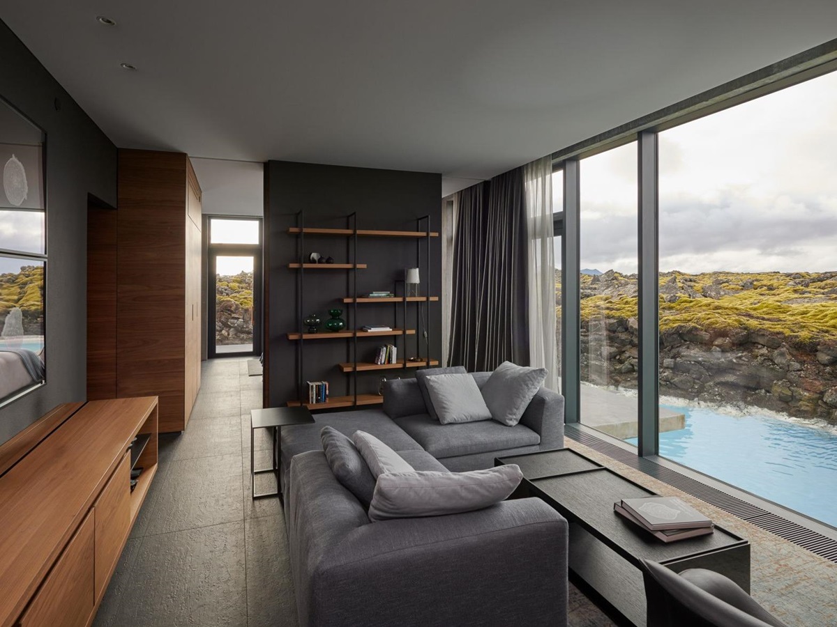 Lounge of a lagoon suite at The Retreat at Blue Lagoon hotel in Iceland