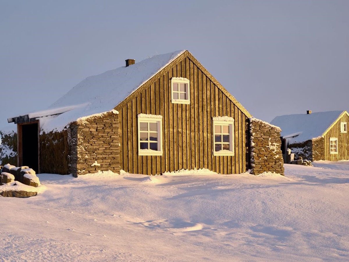 Exterior of the Torfhus Retreat hotel in Iceland during winter