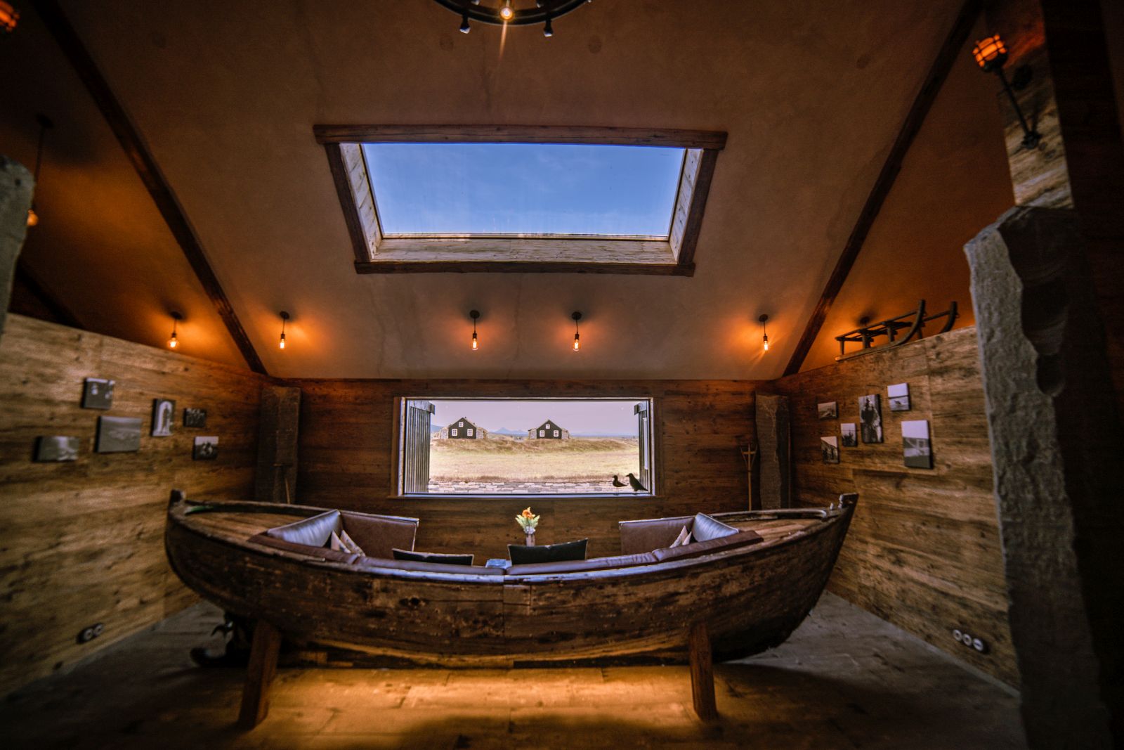 Lobby and views from the Langhus at Torfhus Retreat hotel in Iceland