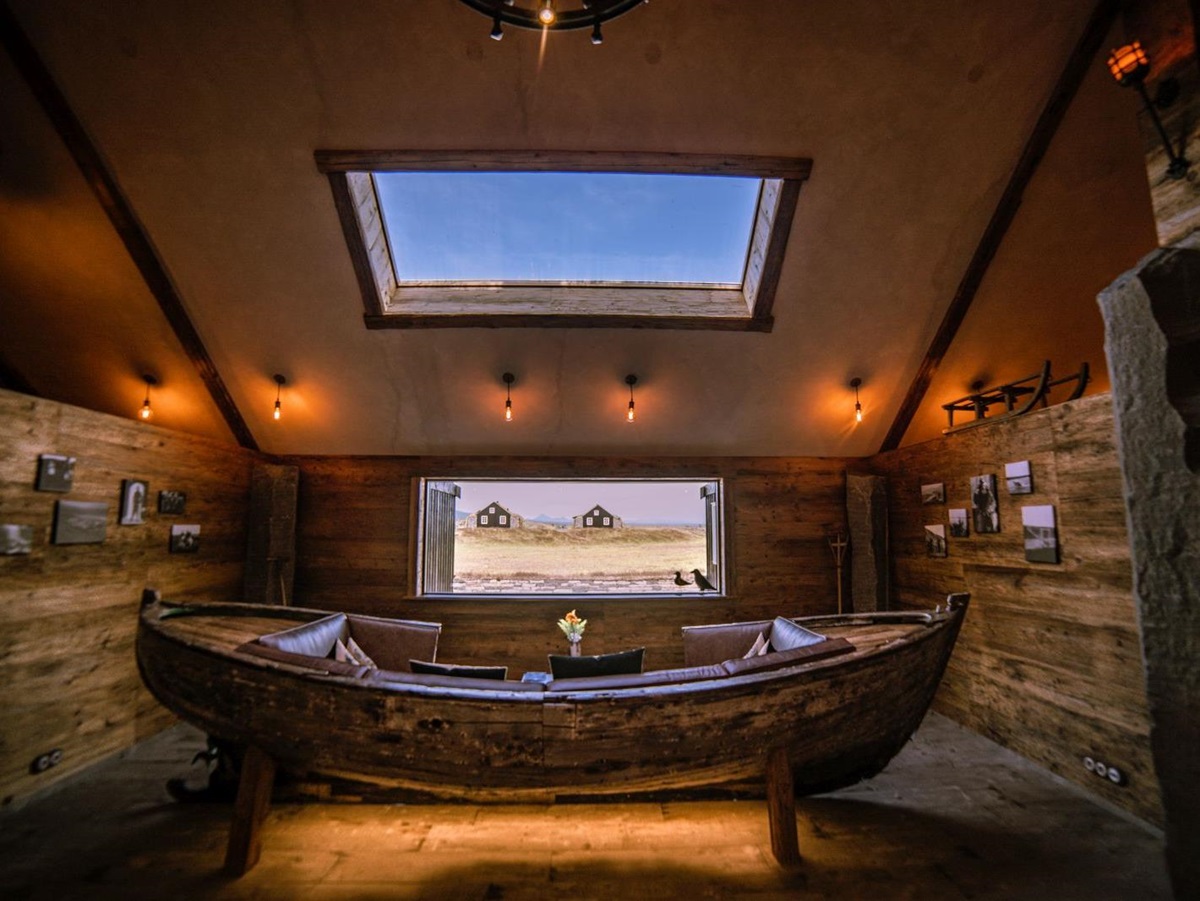 Lobby and views from the Langhus at Torfhus Retreat hotel in Iceland