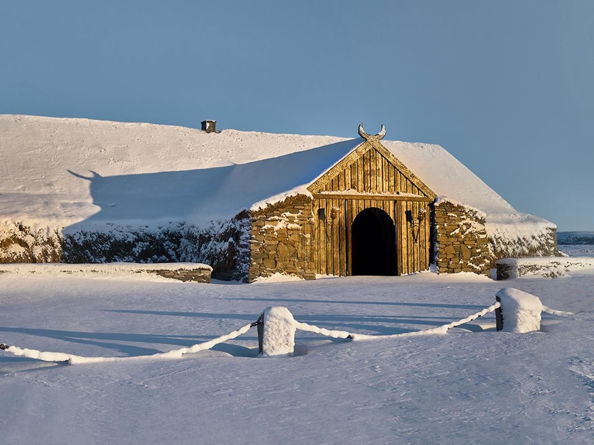 Heavy snowfall covering the Torfhus Retreat hotel in Iceland