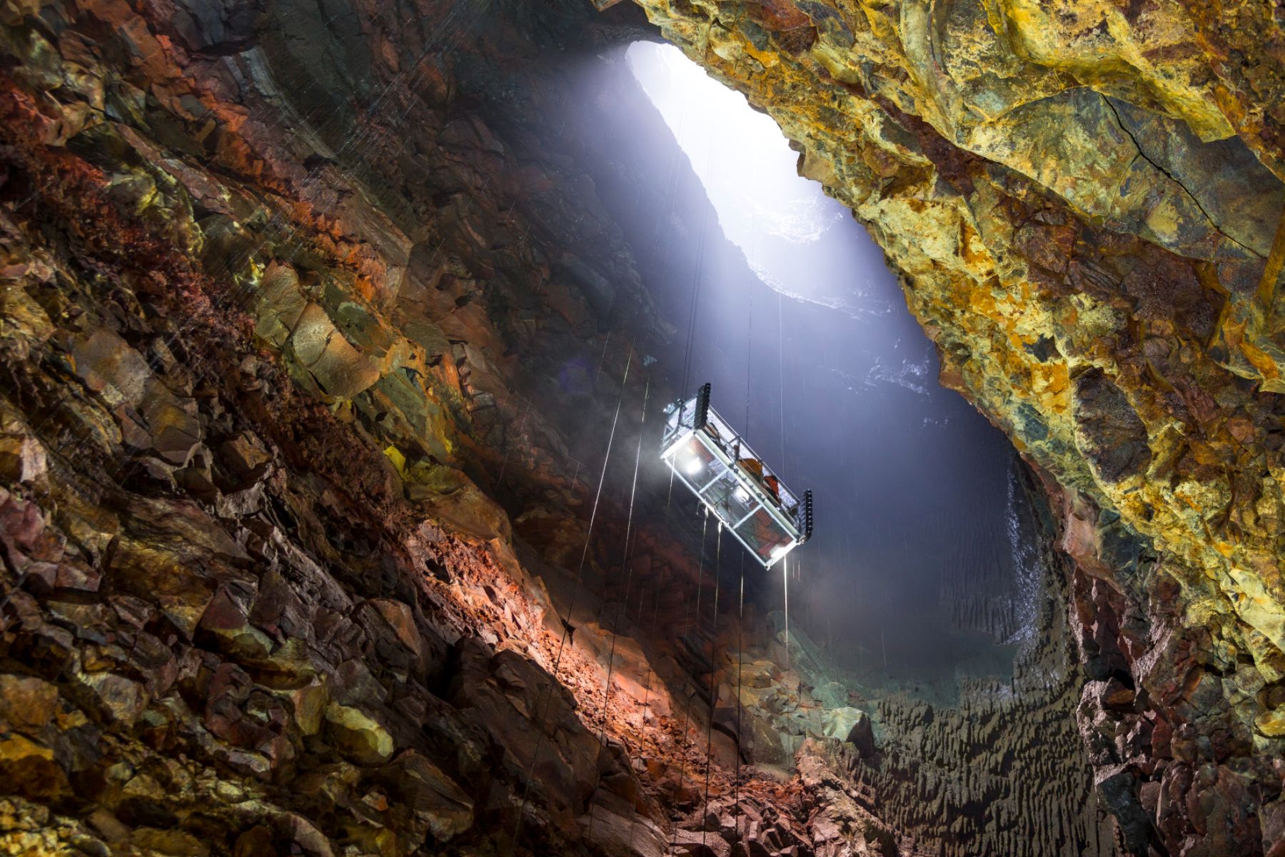 Cable lift into the crater of the Thrihnukagigur Volcano in Iceland
