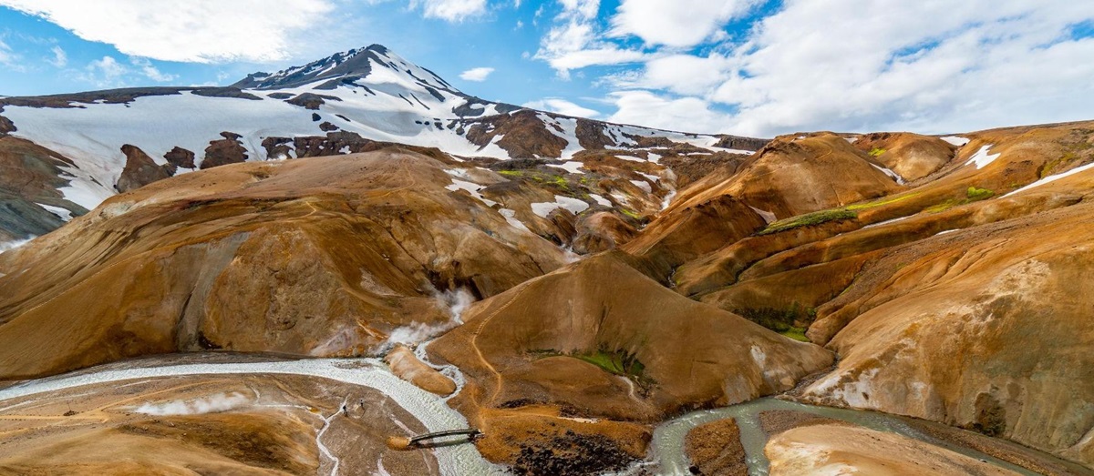Aerial view of a mountain valley in Landmannalaugar in Iceland