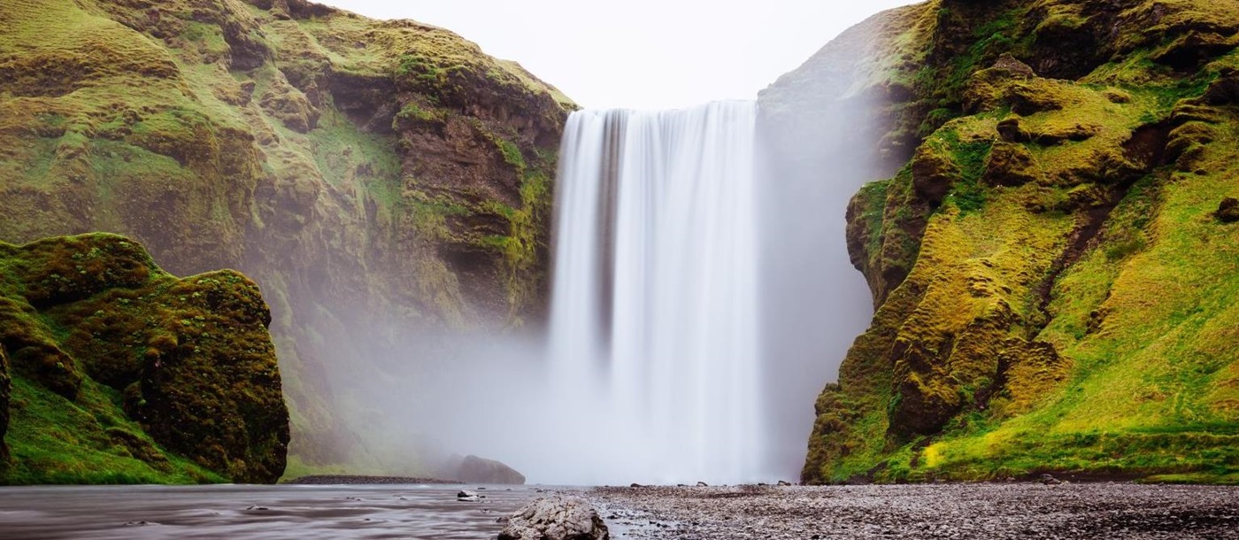 Skogafoss waterfall, one of the biggest waterfalls in the country, situated on the Skógá River in the south of Iceland