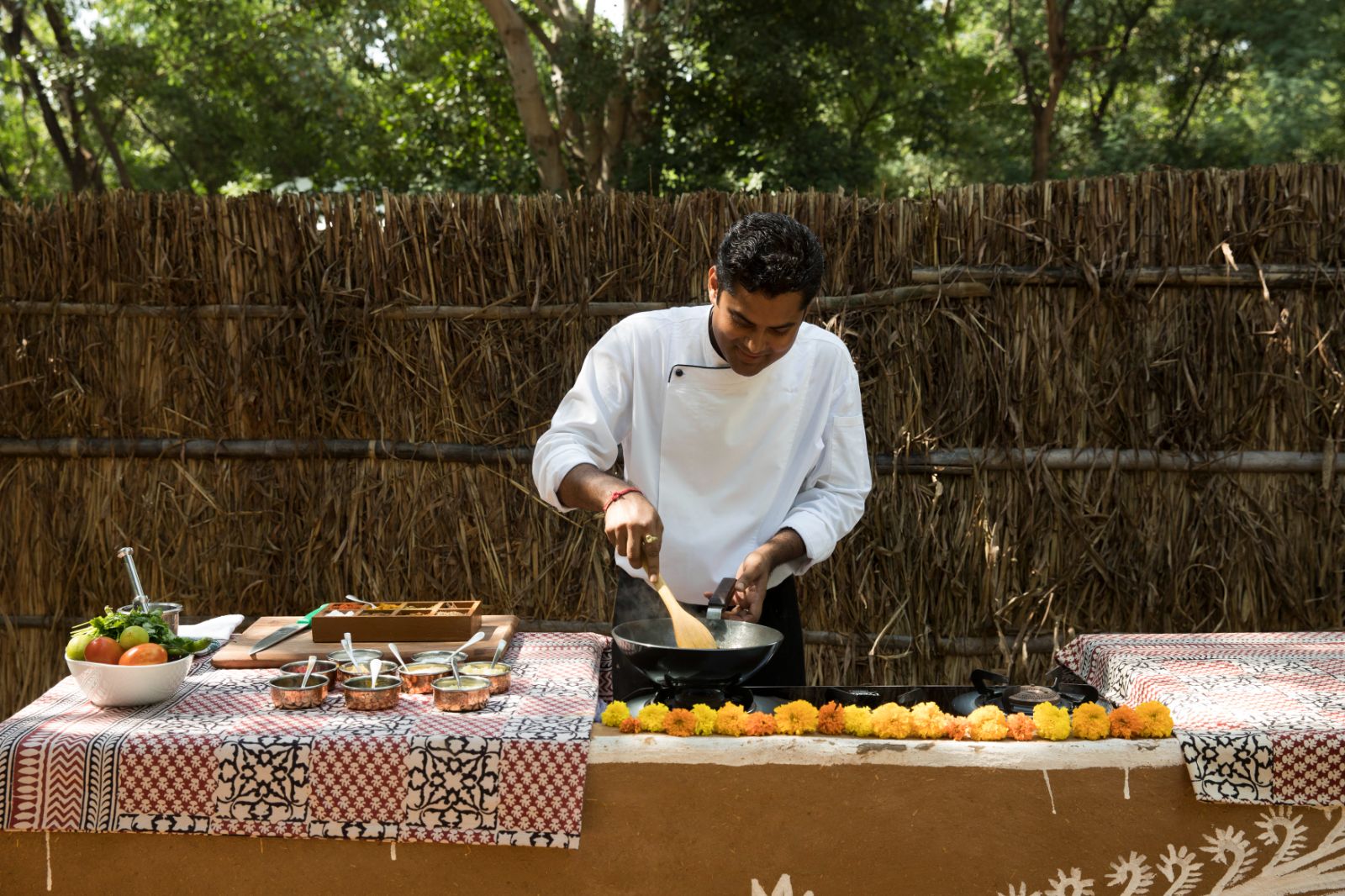 A cooking class demonstration at Aman-I-Khas by Ranthambore National Park in India