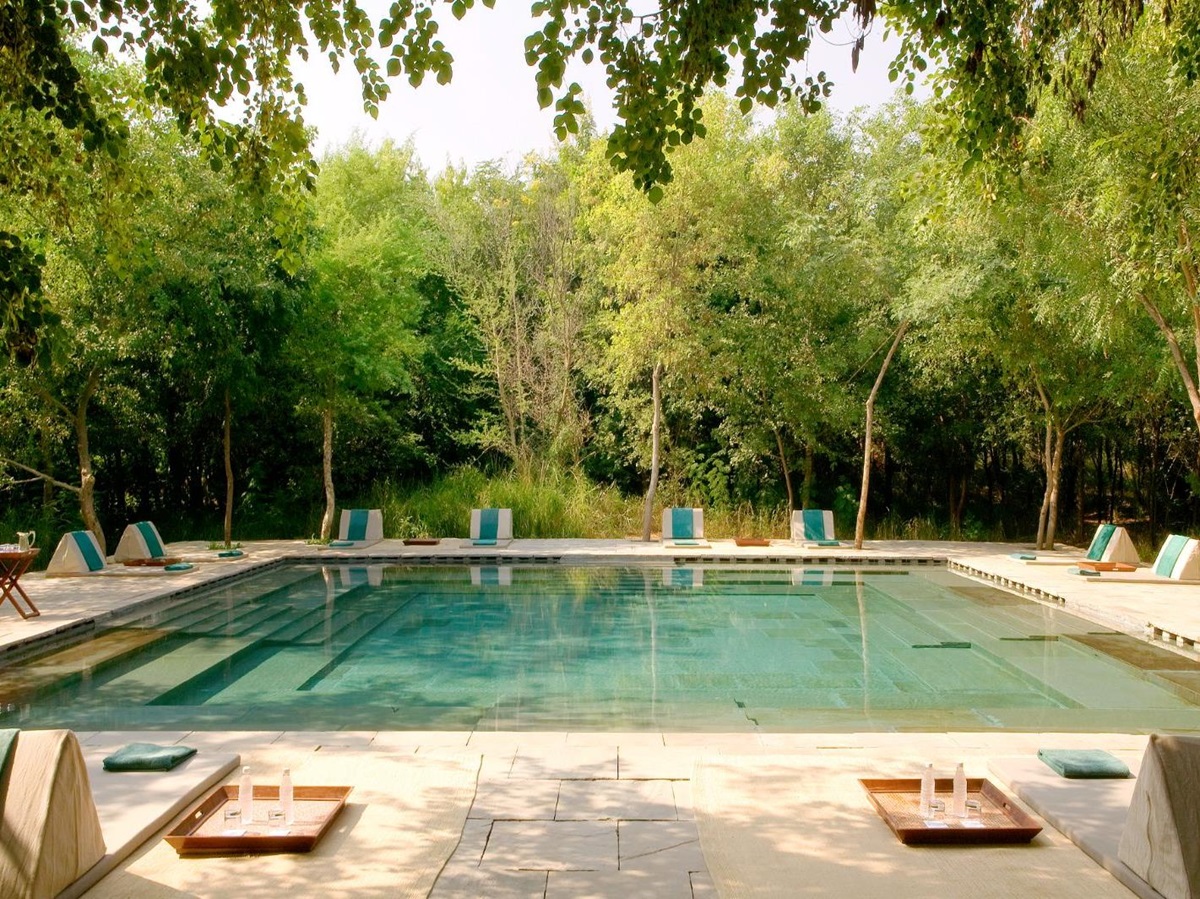 Pool area at Aman-I-Khas by Ranthambore National Park in India