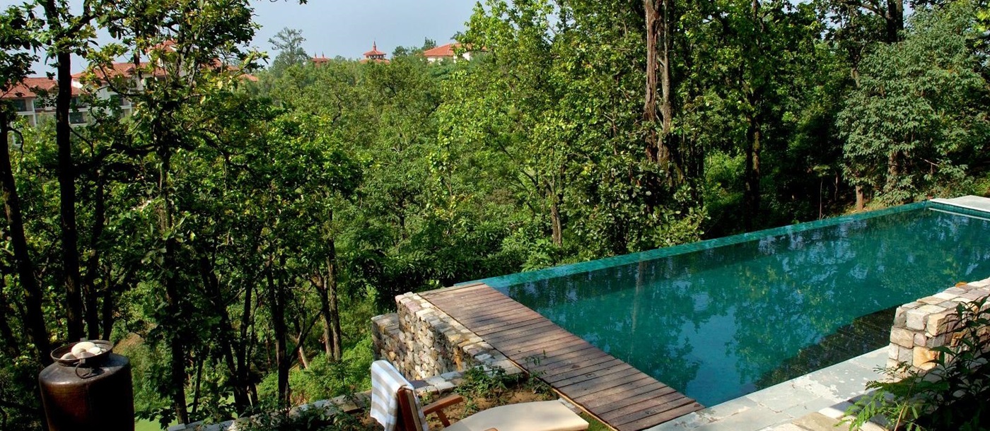 Gorgeous garden view villa with private infinity pool in luxury hotel in India