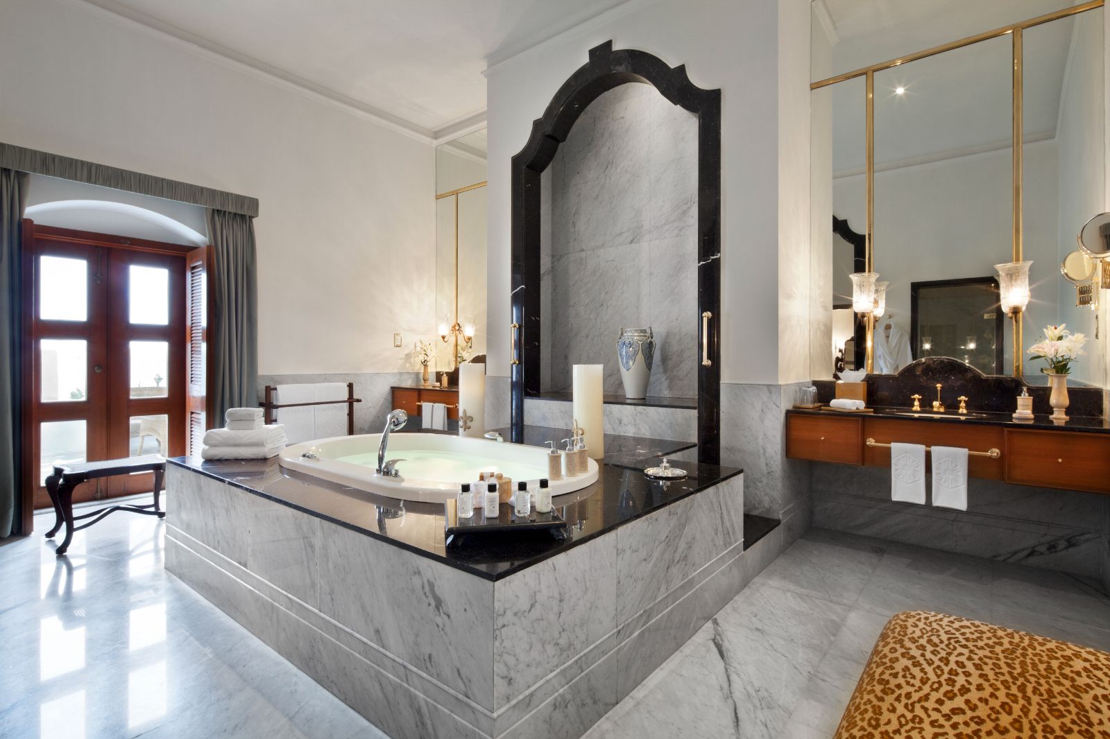 Guest suite bathroom at Taj Falaknuma Palace in Hyderabad in India