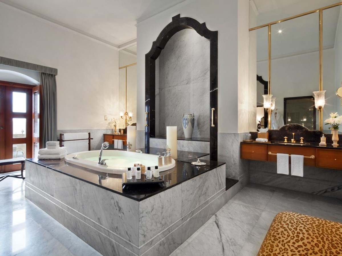 Guest suite bathroom at Taj Falaknuma Palace in Hyderabad in India