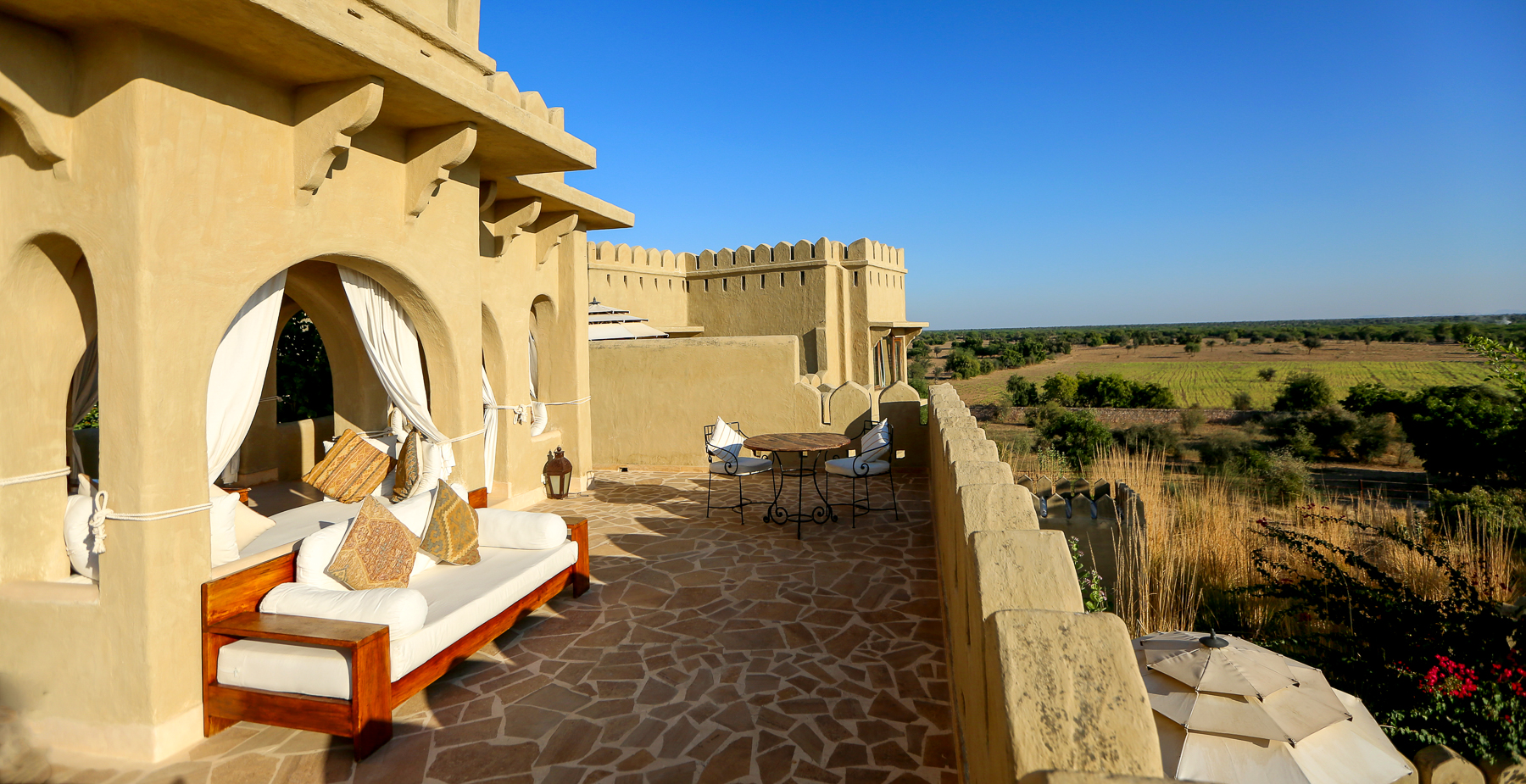Sunset terrace at Mihir Garh in India