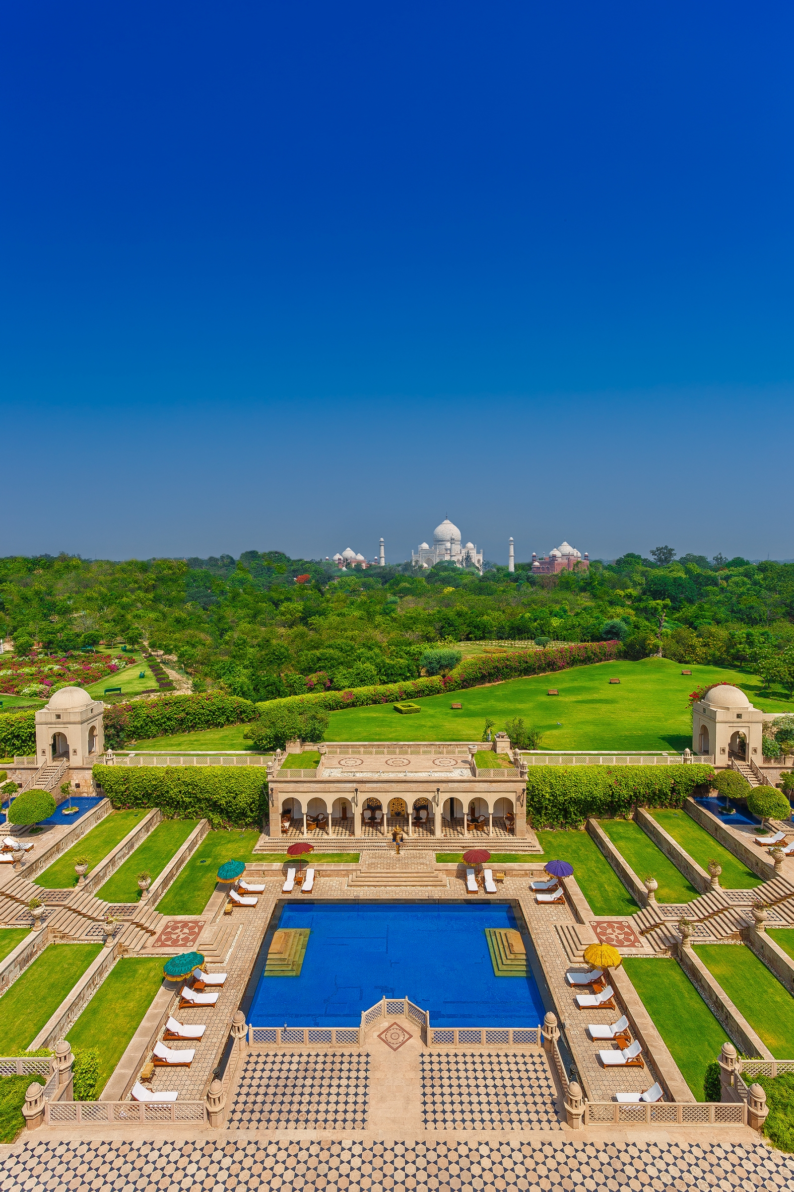 The pool, gardens and Taj view at the Oberoi Amarvilas in Agra