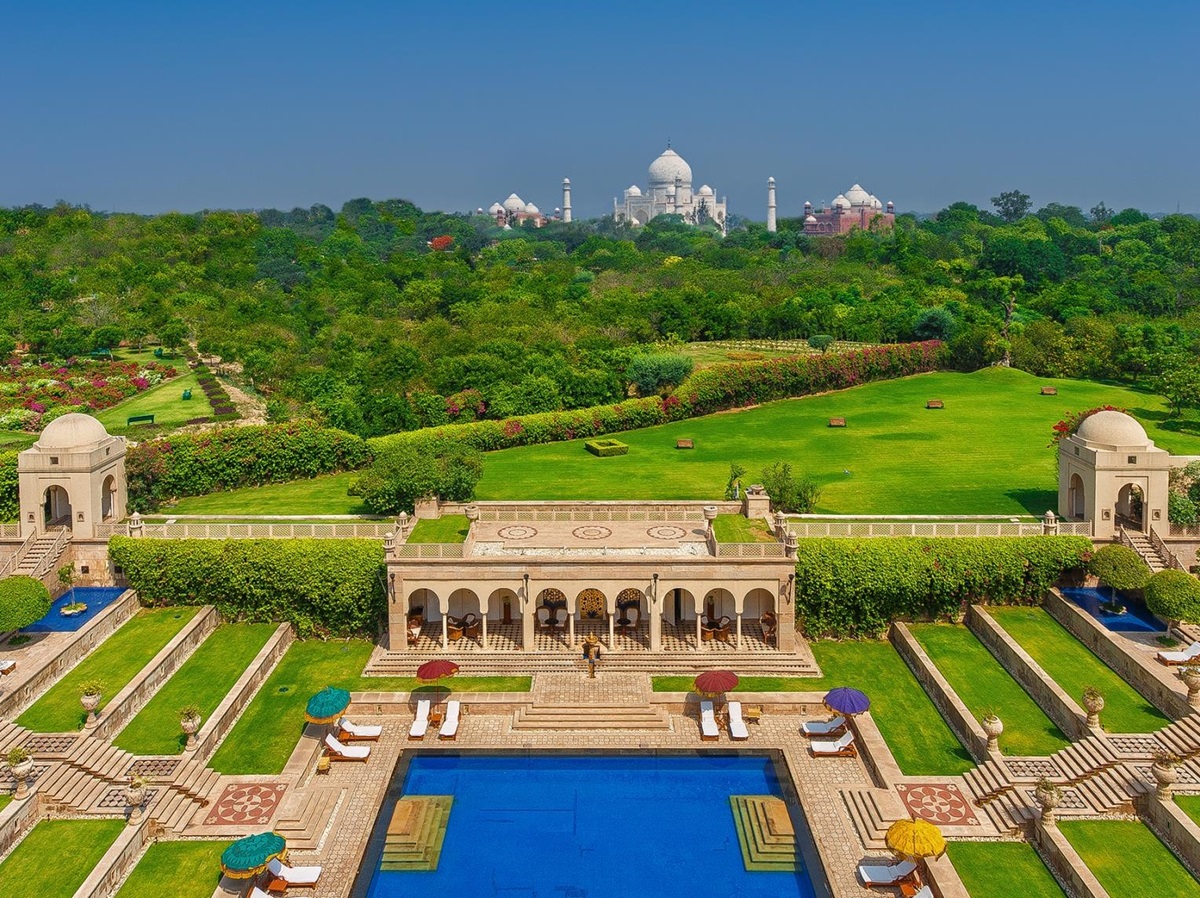 The pool, gardens and Taj view at the Oberoi Amarvilas in Agra