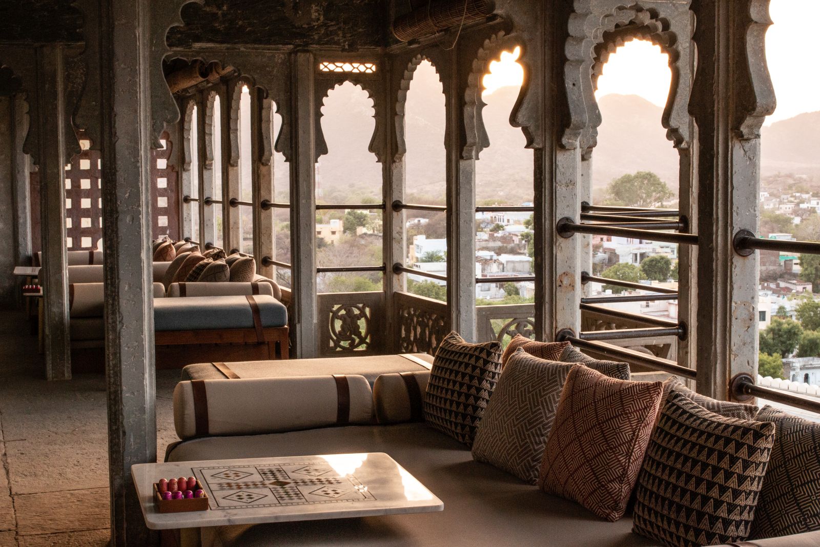 Bar and views from the RAAS Devigarh hotel near Udaipur India
