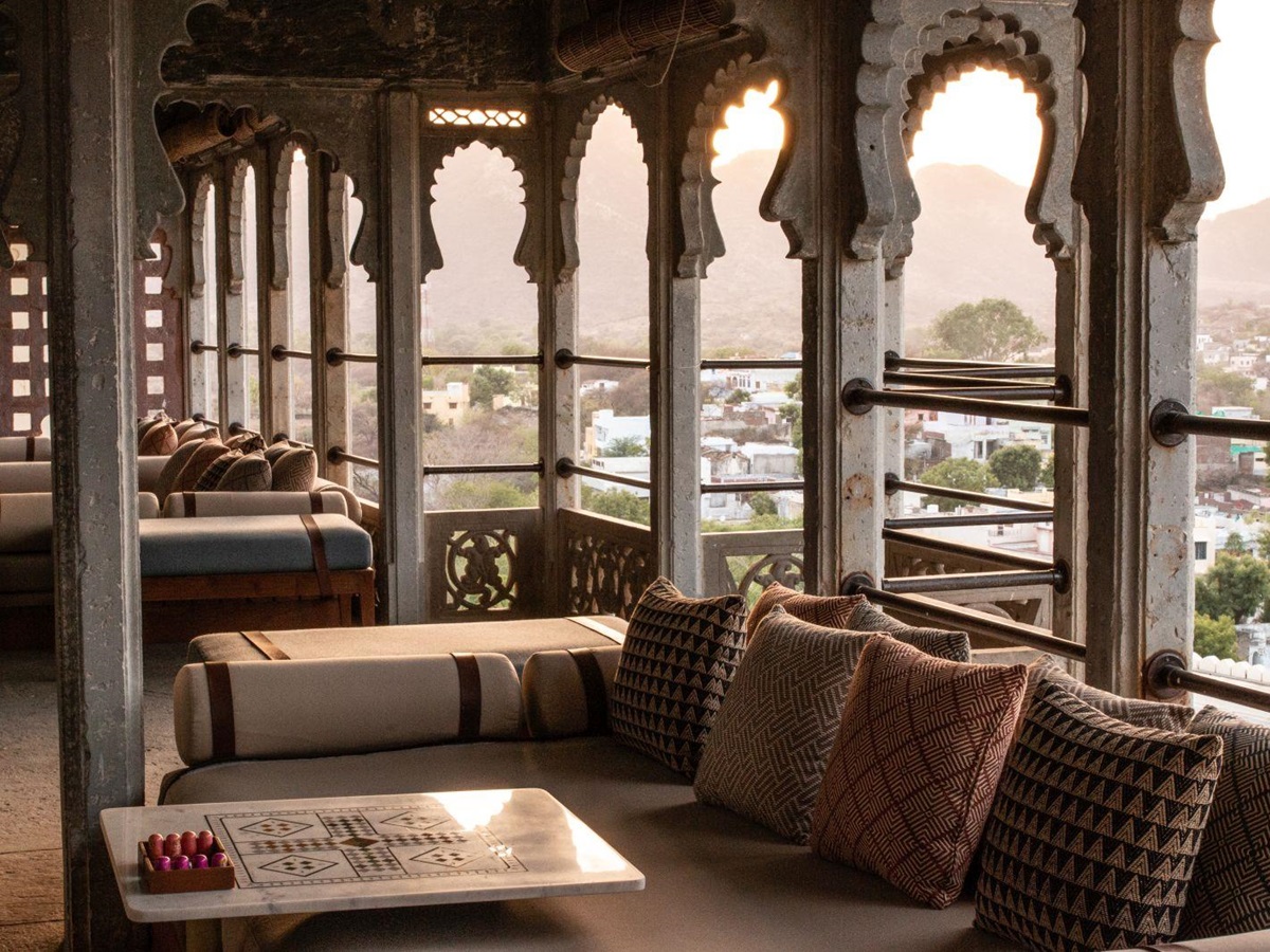Bar and views from the RAAS Devigarh hotel near Udaipur India