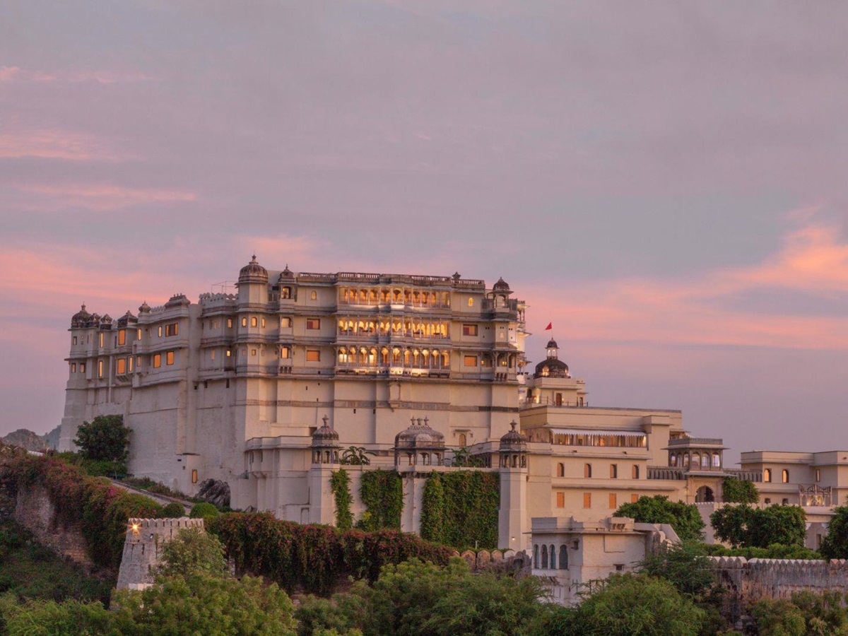 Exterior of the at Raas Devigarh hotel near Udaipur at dusk