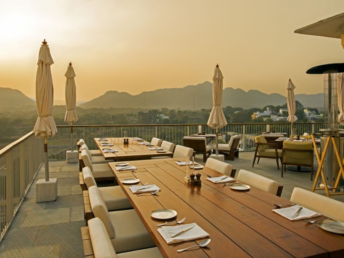 Views from restaurant terrace at the RAAS Devigarh hotel near Udaipur