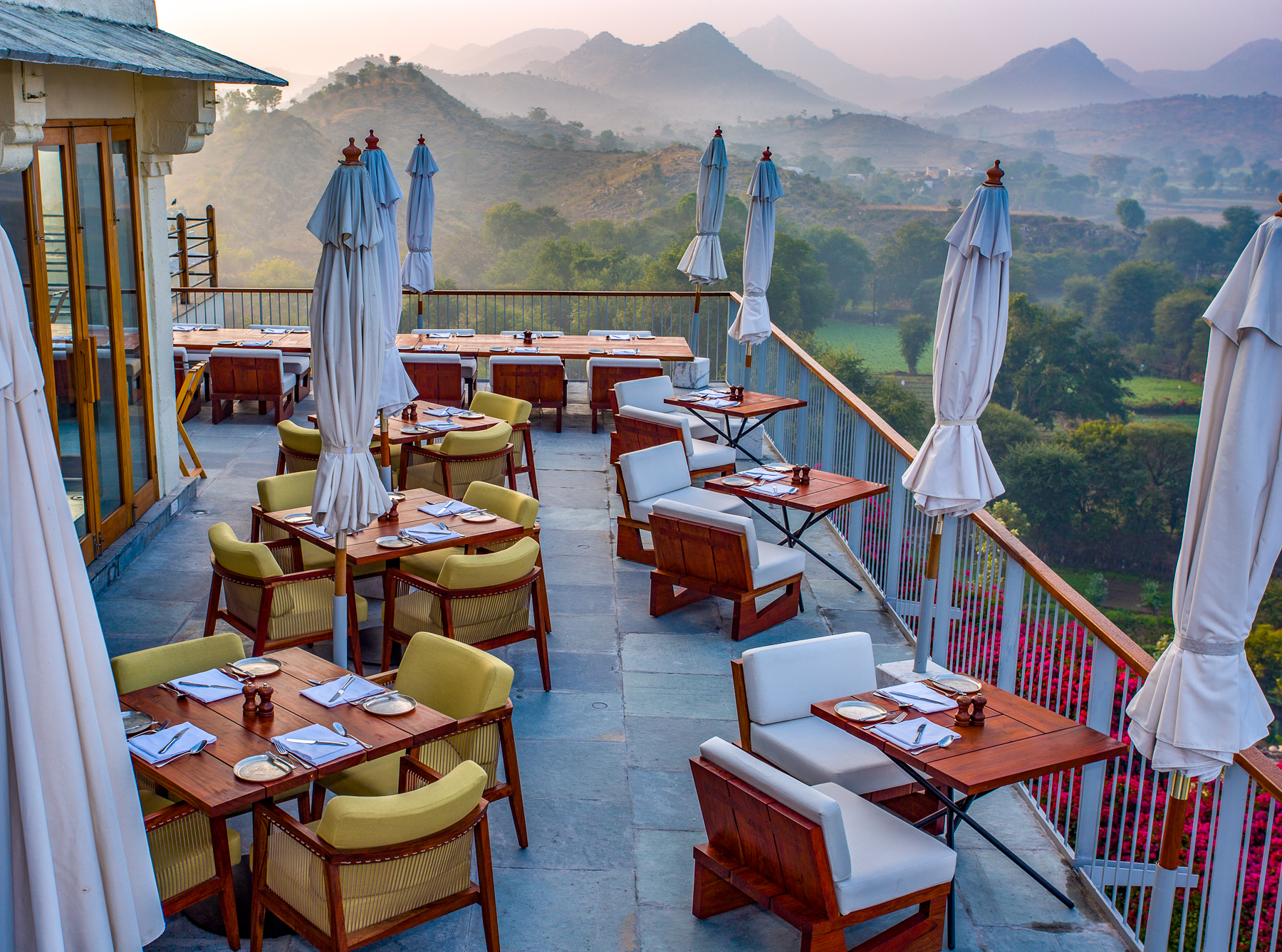 Aerial view of the restaurant and surrounding views at RAAS Devigarh
