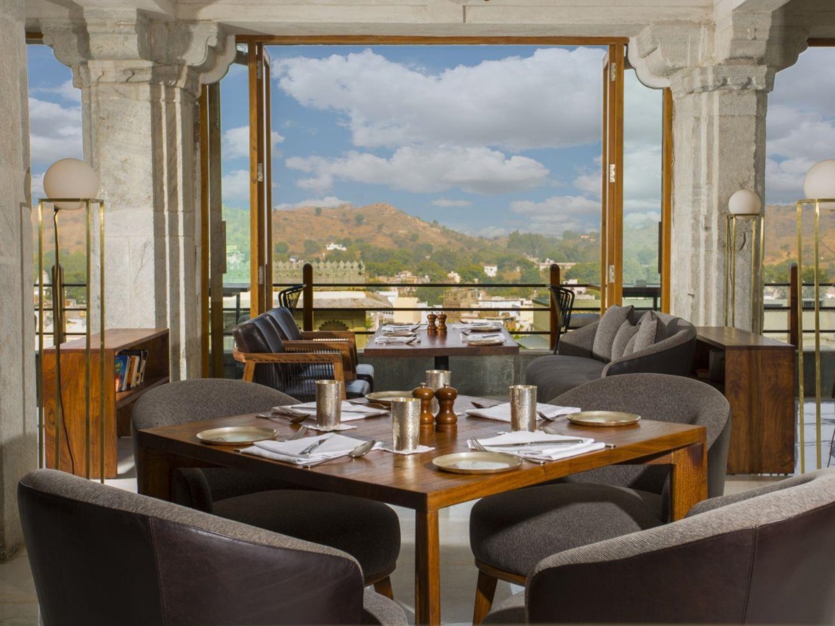 View from the restaurant at the RAAS Devigarh hotel near Udaipur