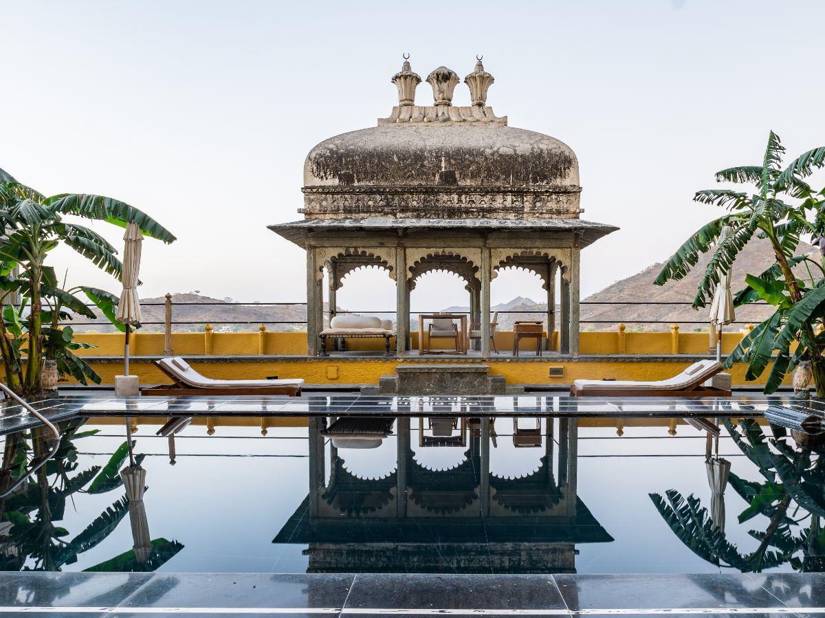 Private pool of a suite at the Raas Devigarh hotel near Udaipur India