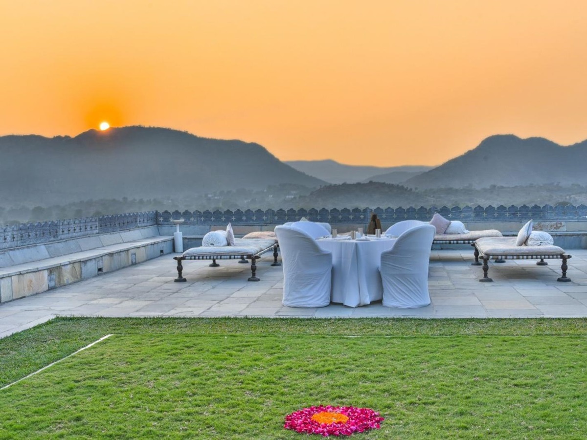 Sunset on the rooftop terrace at the RAAS Devigarh hotel near Udaipur