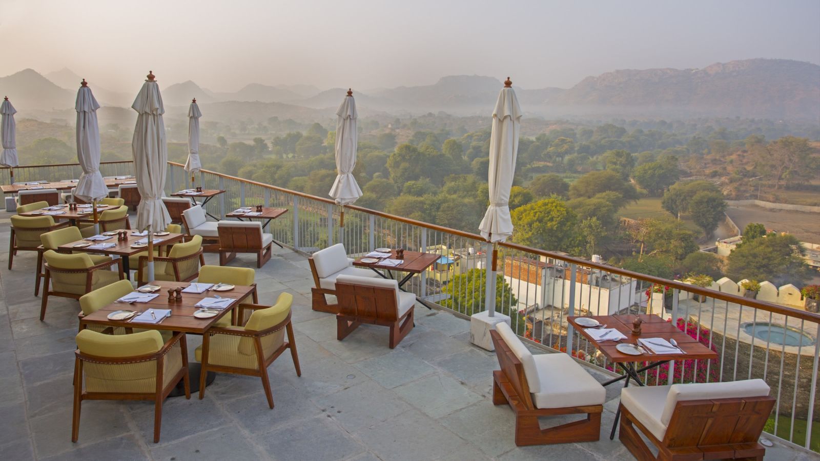 Views from restaurant terrace at the RAAS Devigarh hotel India