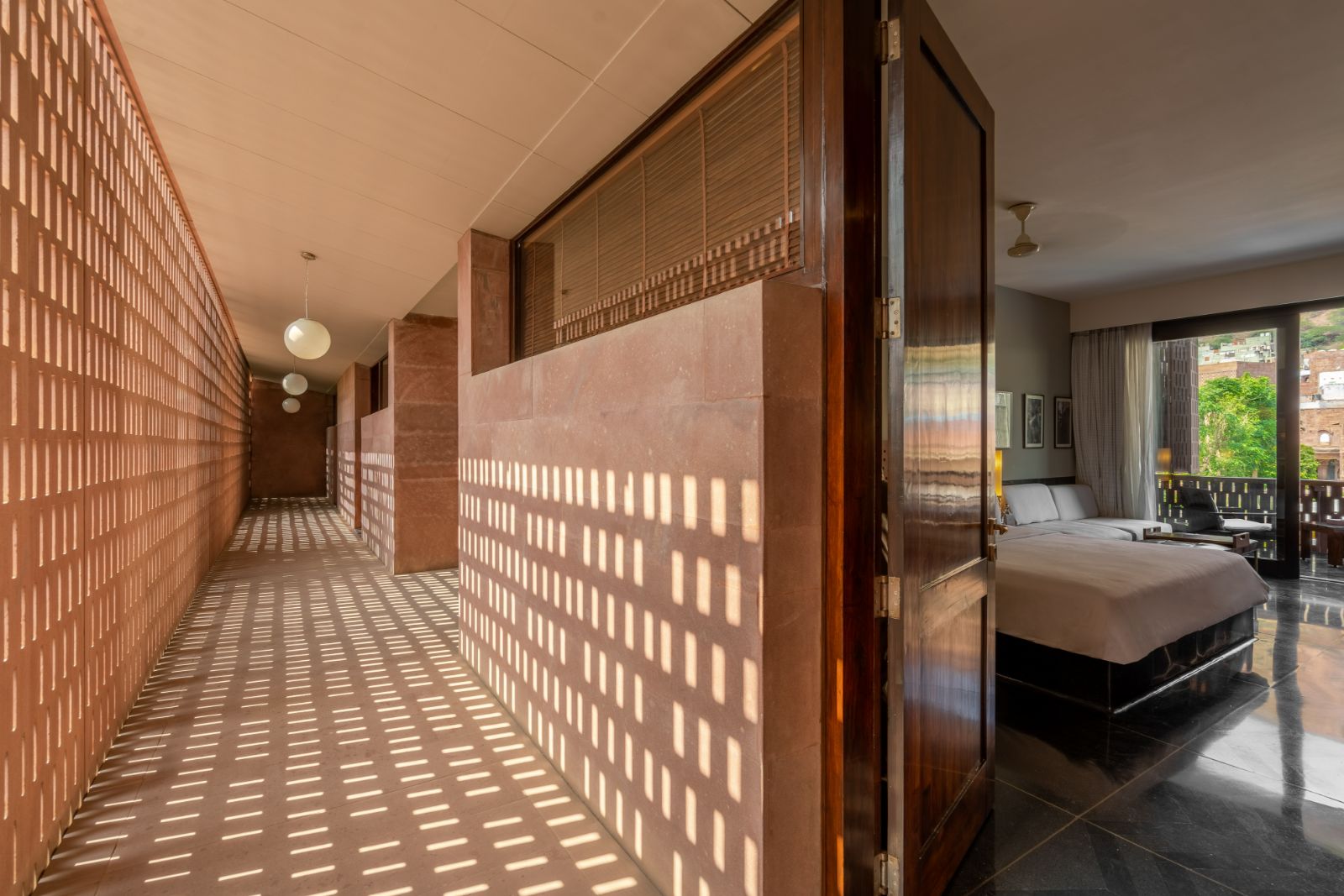 Corridor and bedroom at RAAS Jodhpur in the Rajasthan region of India