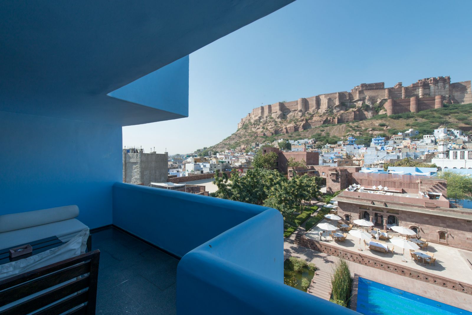 View from the balcony of a duplex suite at RAAS Jodhpur in the Rajasthan region of India