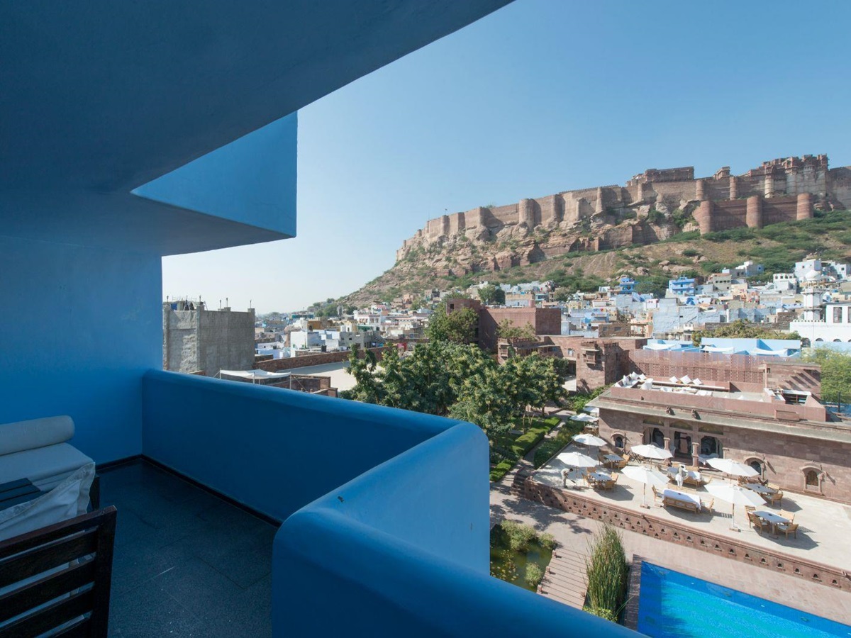 View from the balcony of a duplex suite at RAAS Jodhpur in the Rajasthan region of India