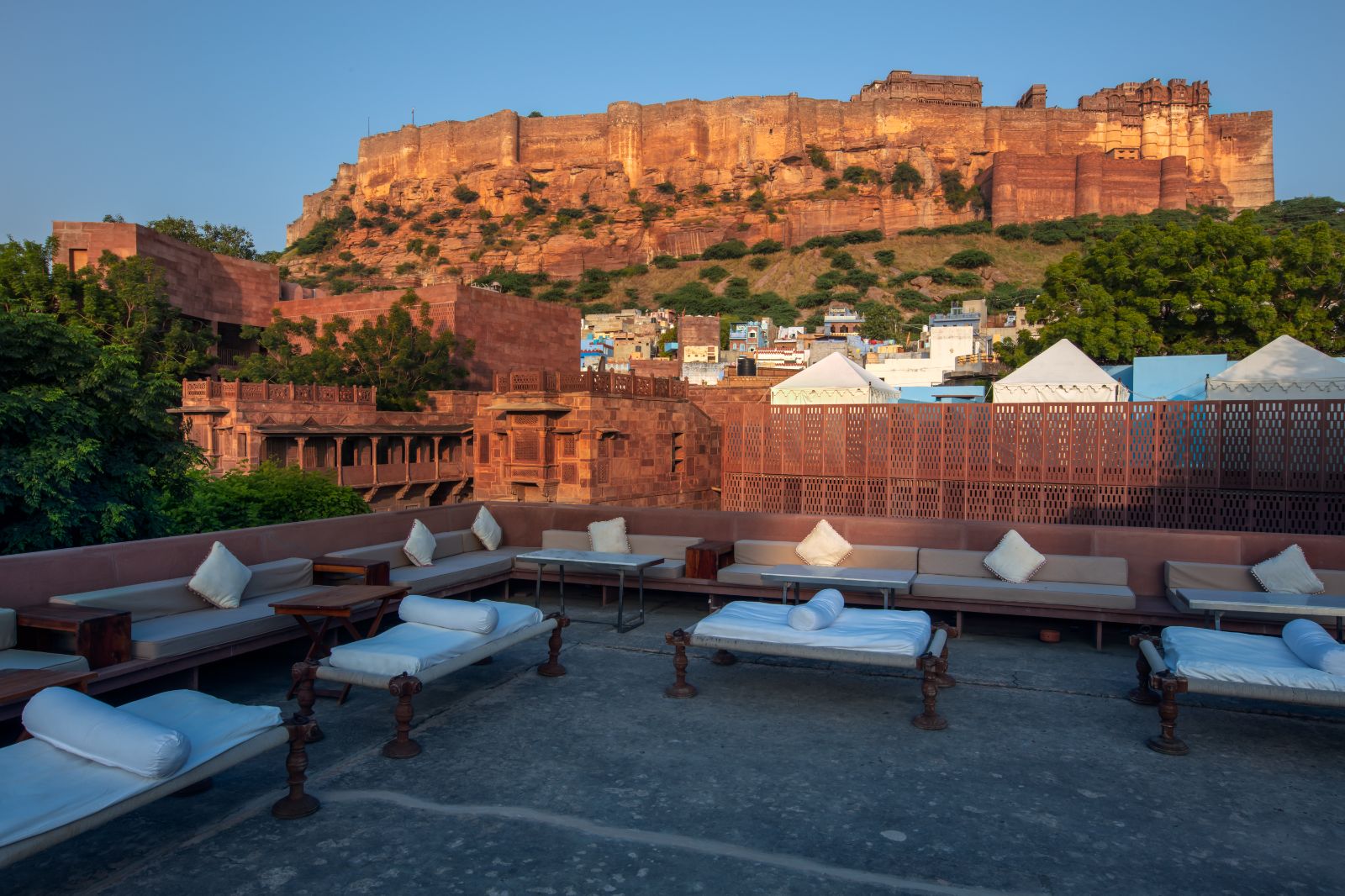 Rooftop bar with views of Mehrangarh Fort at RAAS Jodhpur in the Rajasthan region of India