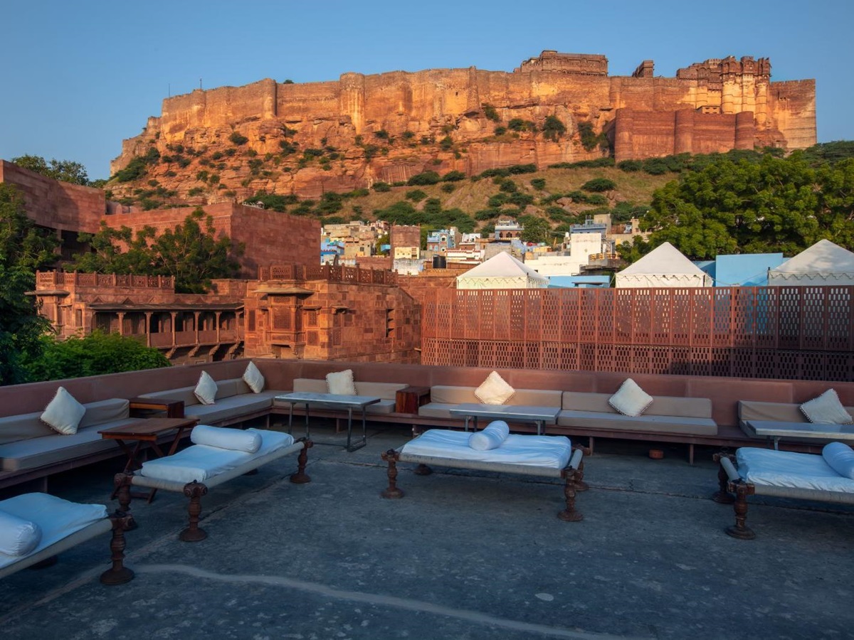 Rooftop bar with views of Mehrangarh Fort at RAAS Jodhpur in the Rajasthan region of India