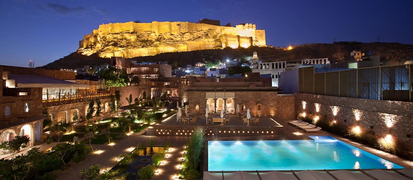 The RAAS Jodhpur hotel in India with view of Mehrangarh Fort