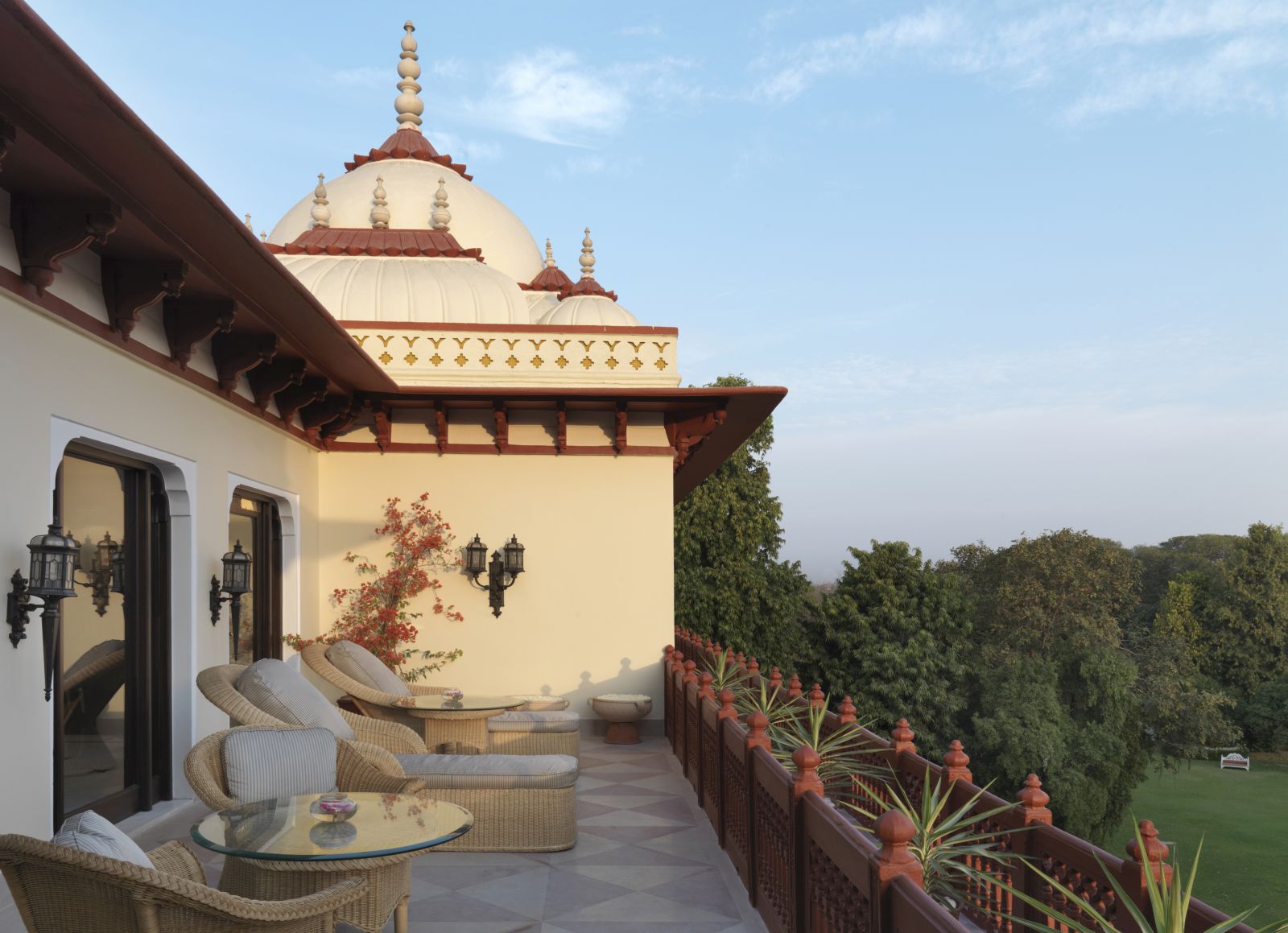 Terrace overlooking the grounds at the Rambagh Palace in Jaipur
