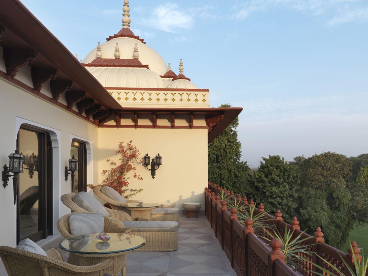 Terrace overlooking the grounds at the Rambagh Palace in Jaipur