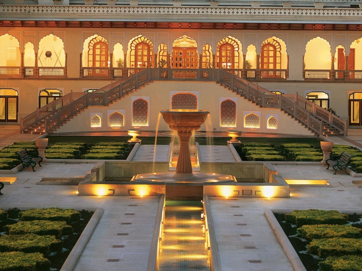 Illuminated courtyard at the Rambagh Palace in Jaipur