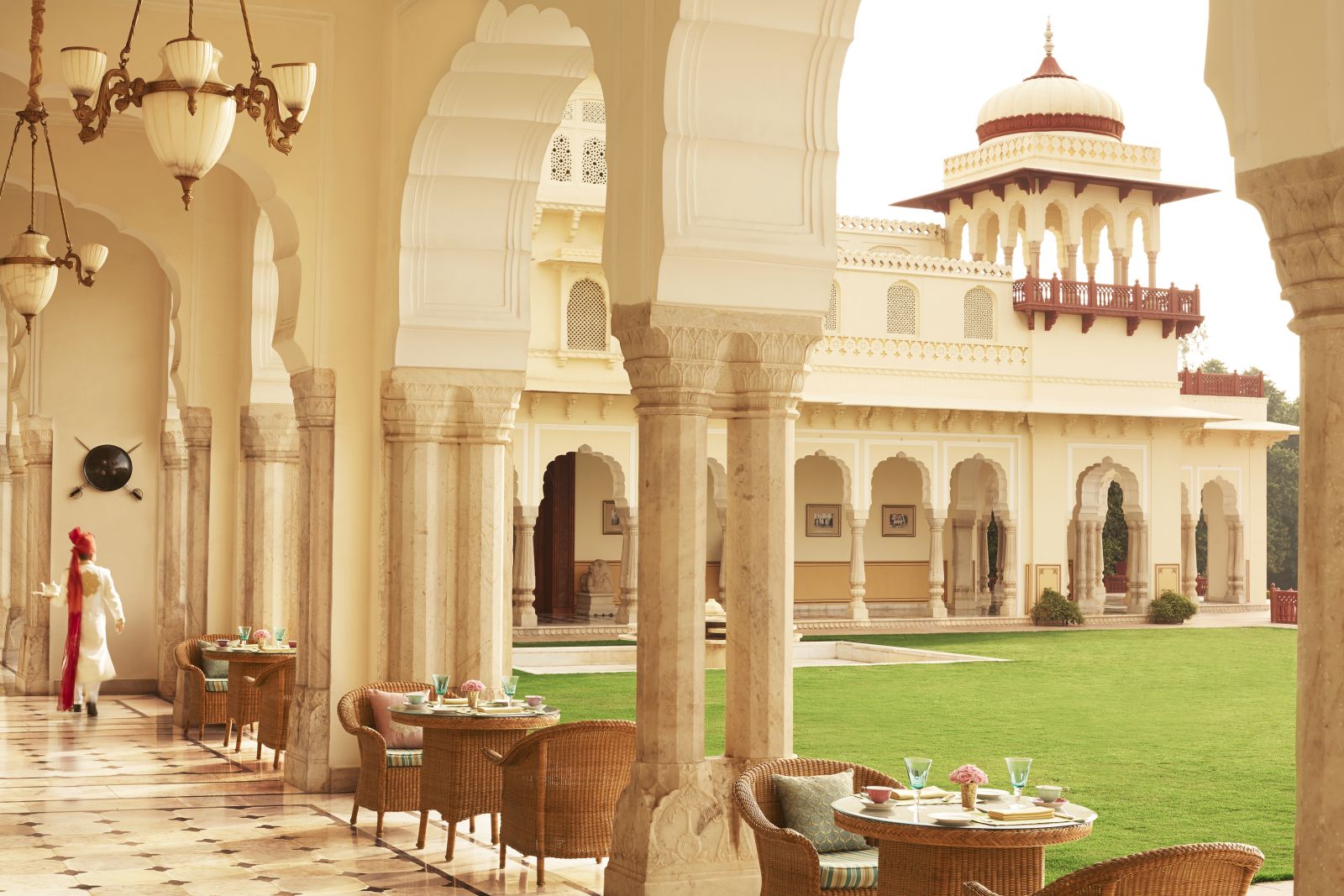 Verandah cafe and grounds at the Rambagh Palace in Jaipur