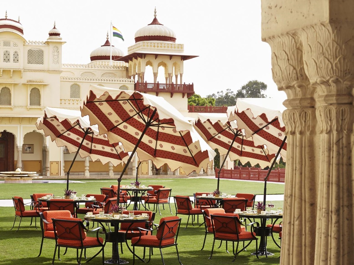 Verandah cafe and gardens at the Rambagh Palace in Jaipur