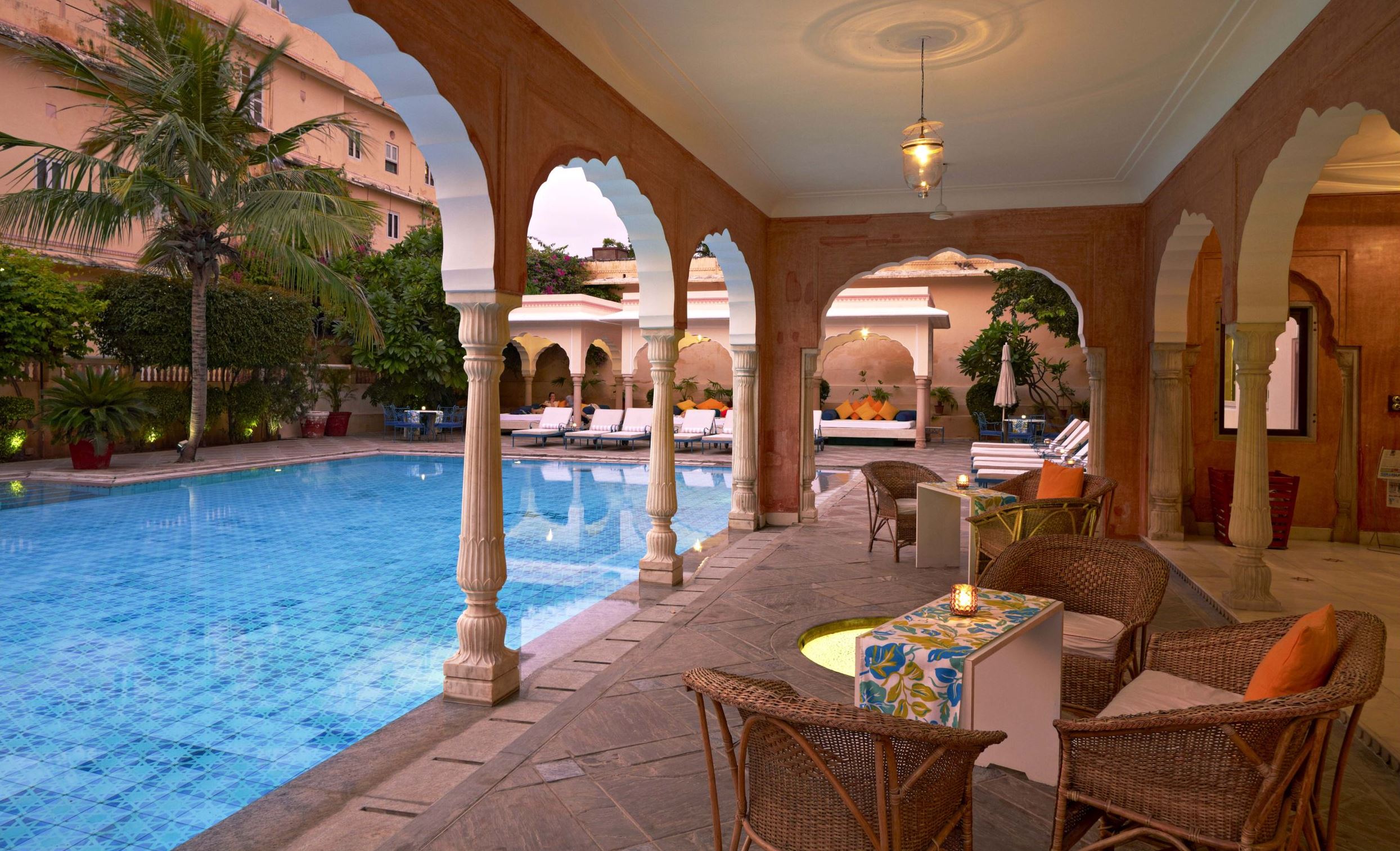 Swimming pool and terrace at the Samode Haveli hotel in Jaipur India