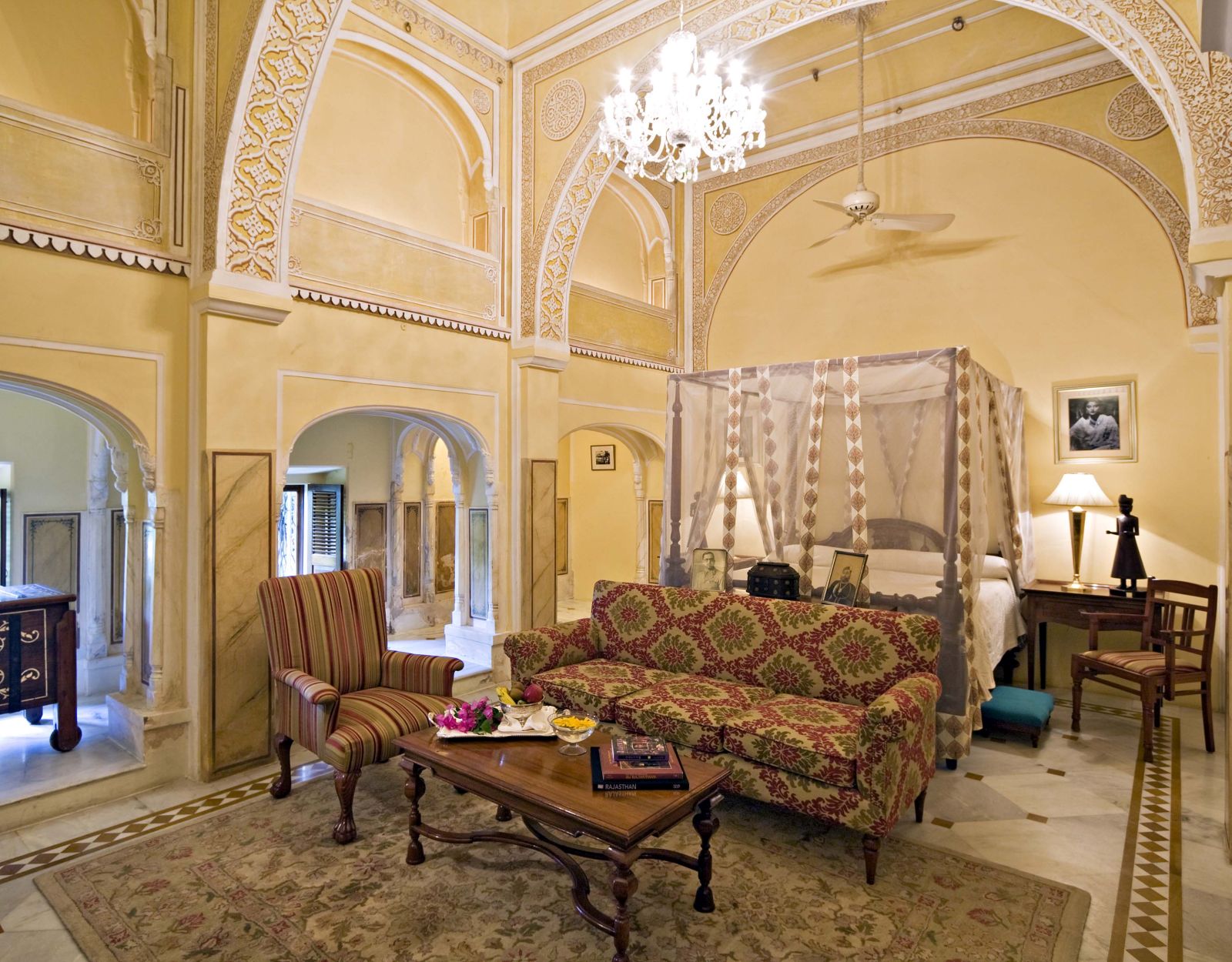 Elaborate decor of a deluxe suite at the Samode Haveli hotel in Jaipur