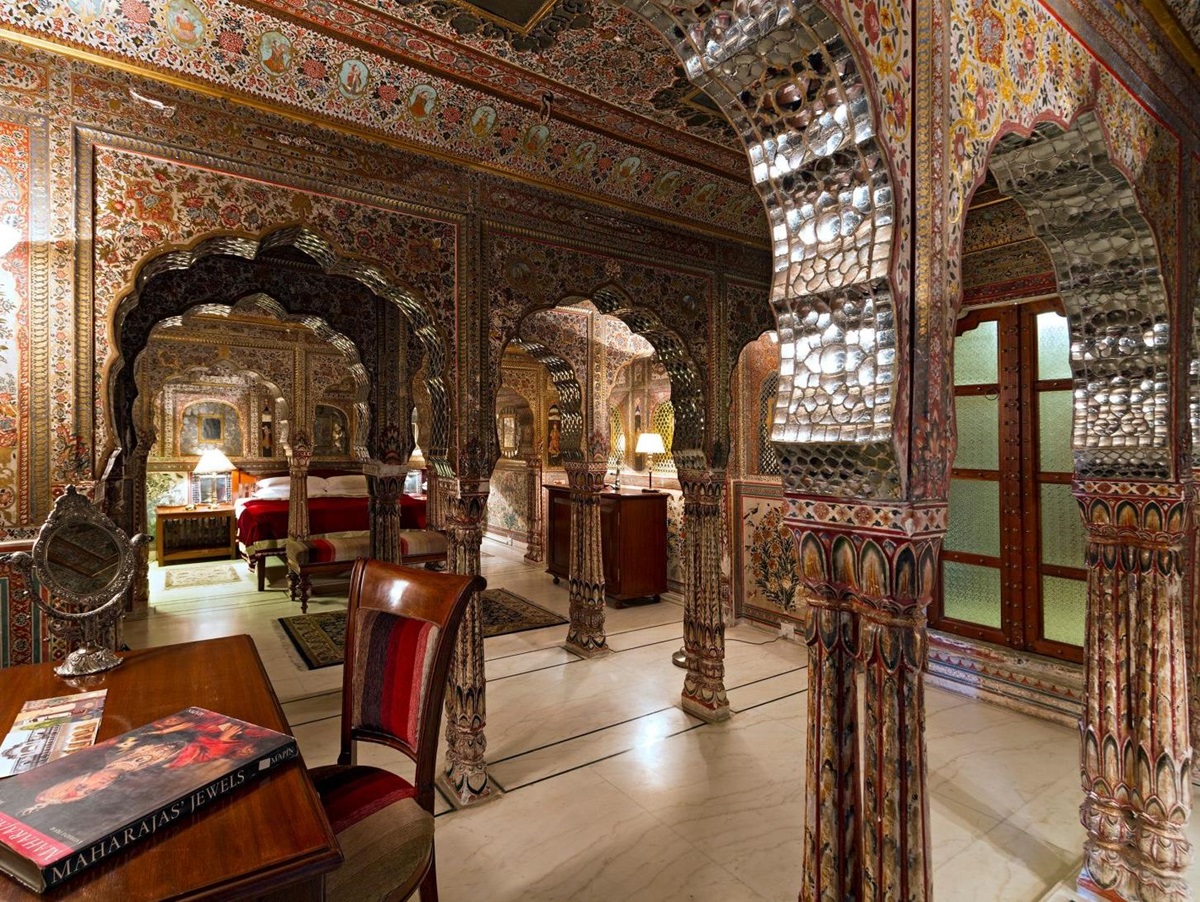 Ornate decor of a suite at the Samode Haveli hotel in Jaipur India