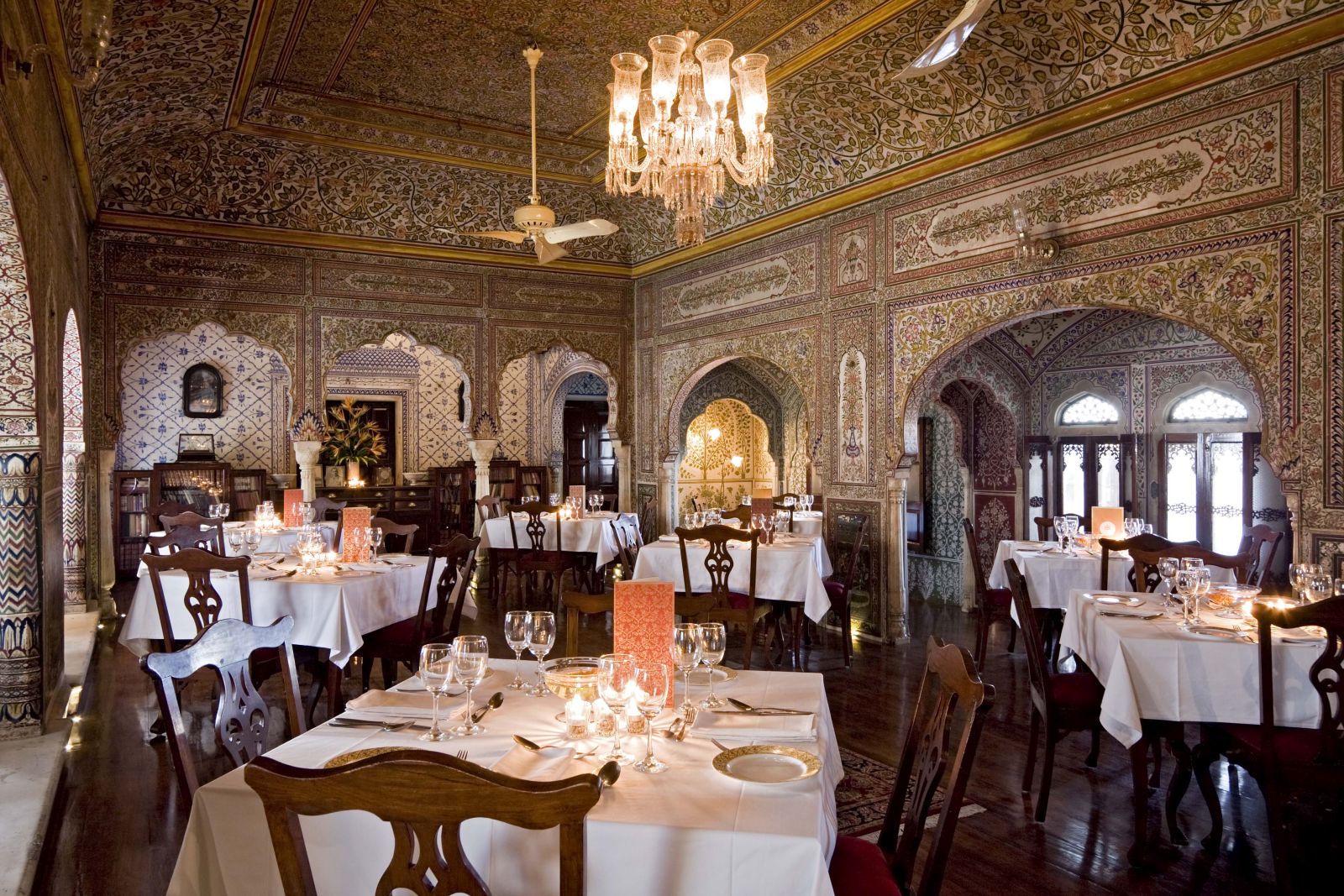 Ornate dining area at the Samode Haveli hotel in Jaipur India