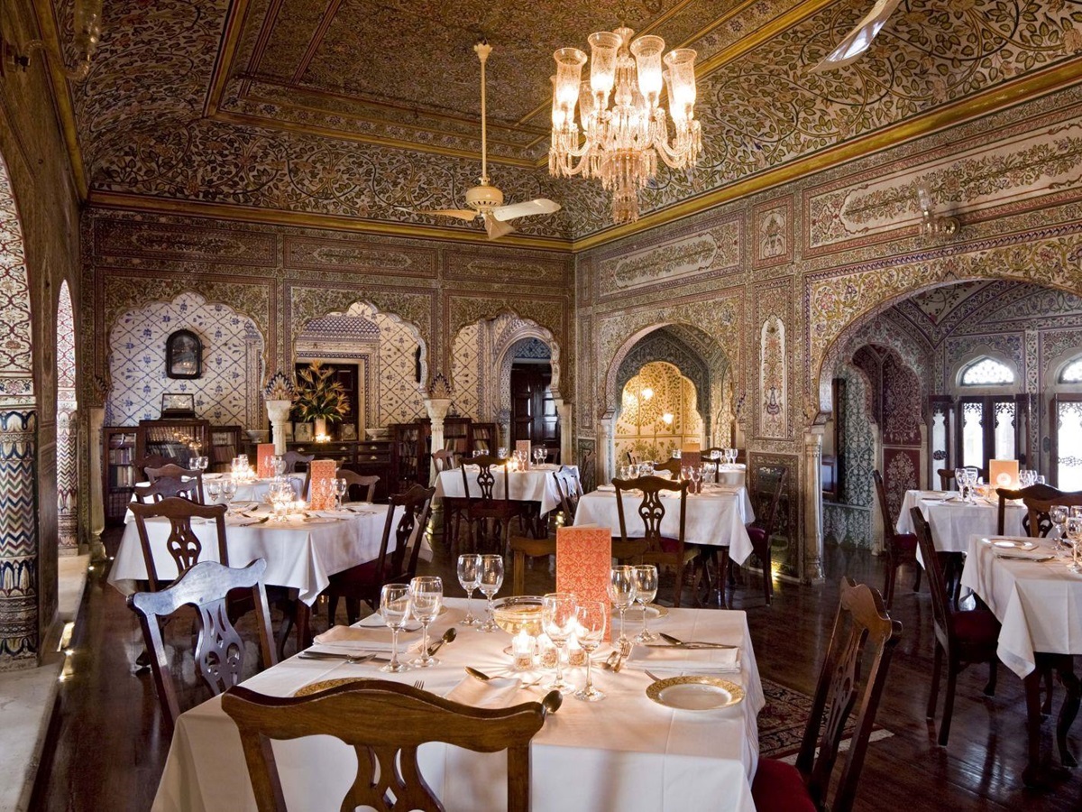 Ornate dining area at the Samode Haveli hotel in Jaipur India