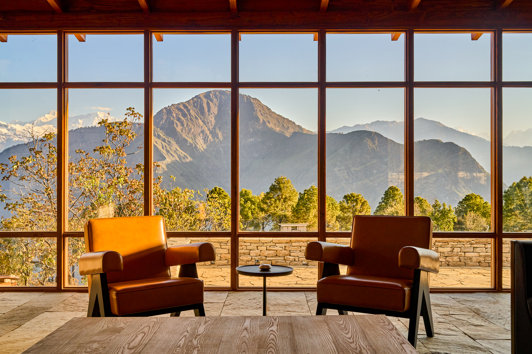 Seating area with mountain views at Shakti Prana in Uttarakhand