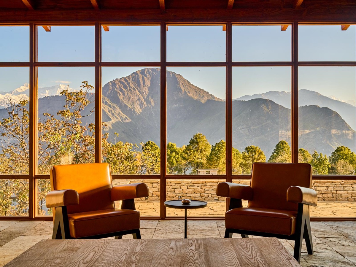Seating area with mountain views at Shakti Prana in Uttarakhand