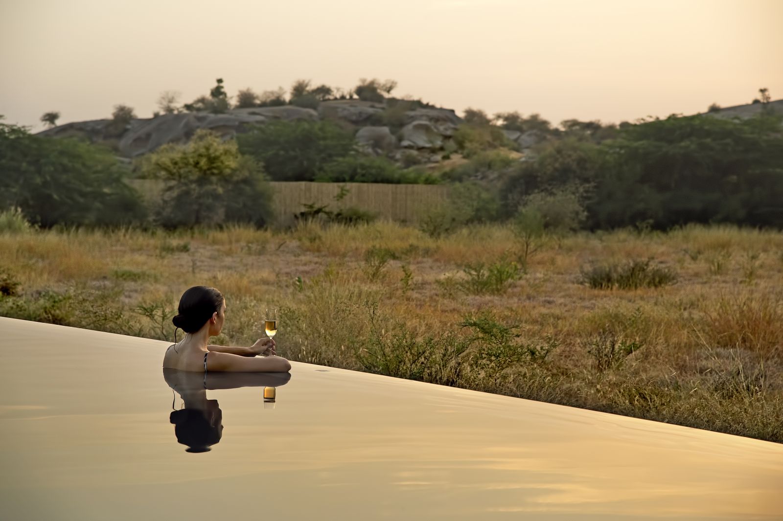 Guest enjoying the pool at Sujan Jawai leopard camp in India