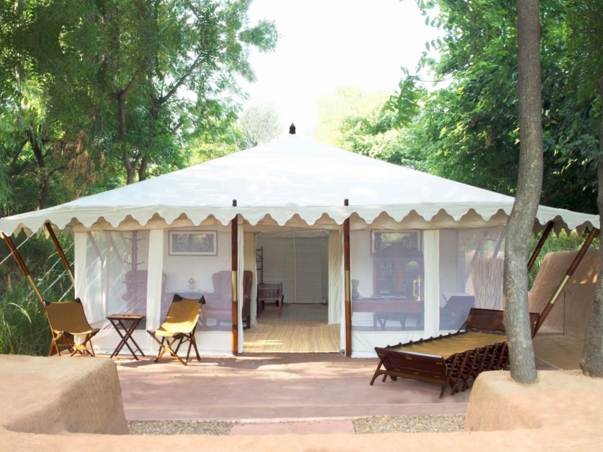 Royal Tent exterior at Sujan Sher Bagh luxury camp in India