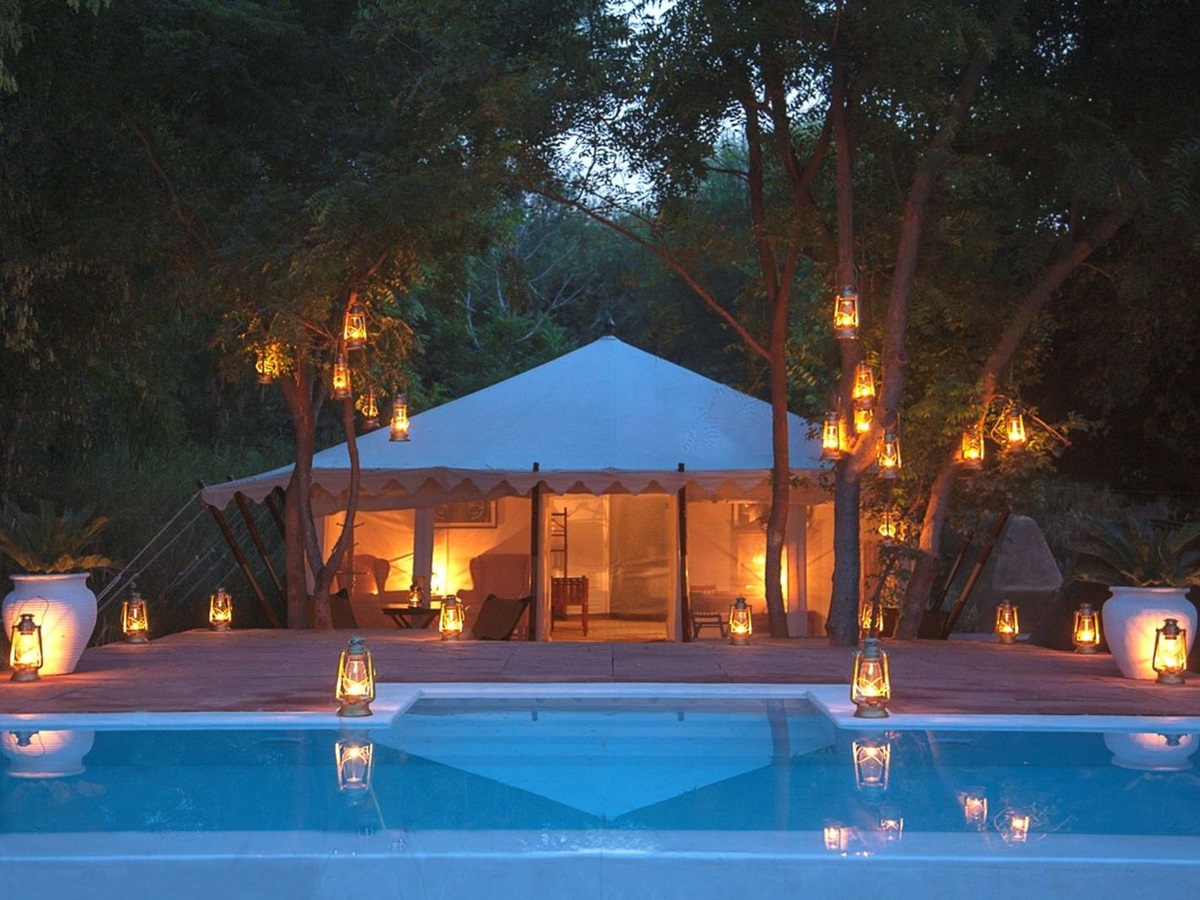 Royal tent with private pool at Sujan Sher Bagh luxury camp in India