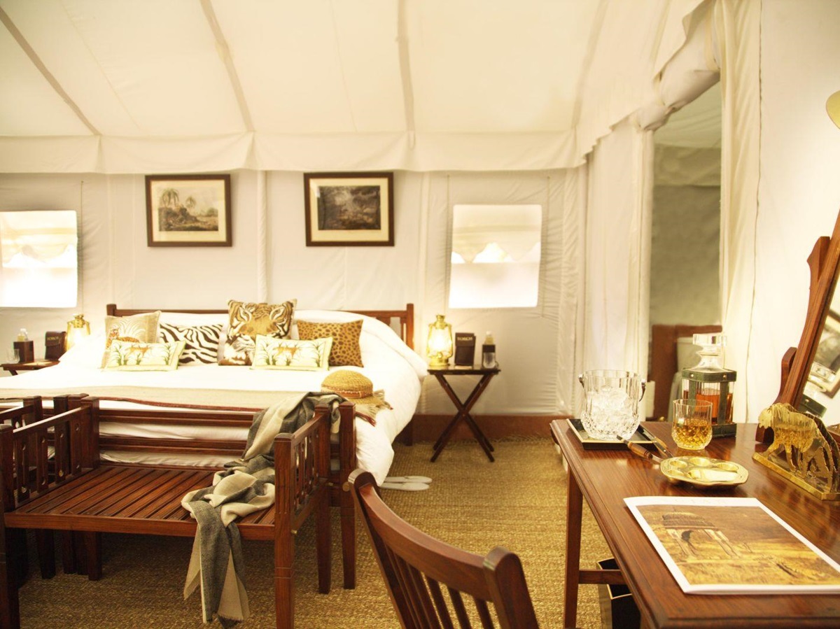 Tent interior at the Sujan Sher Bagh luxury camp in India