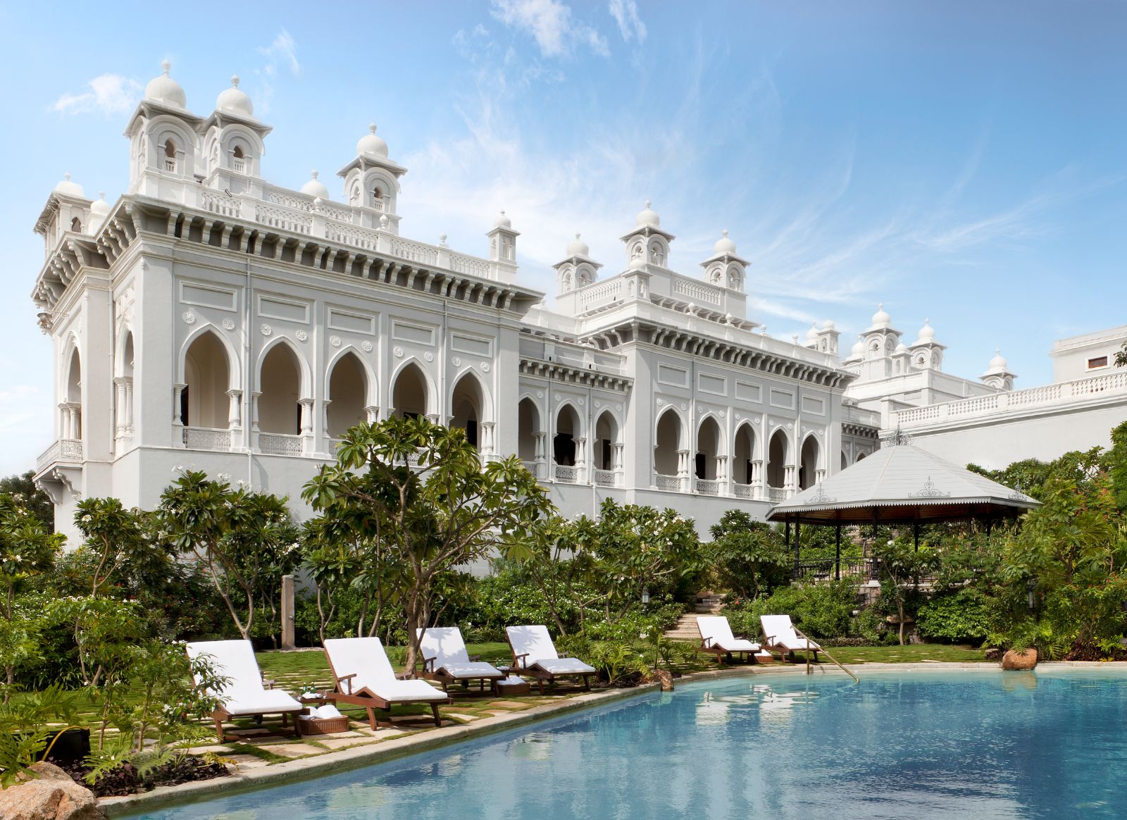 Poolside at Taj Falaknuma Palace in Hyderabad in India